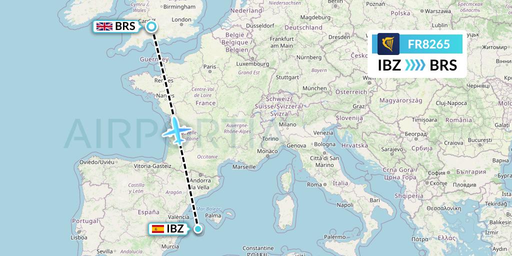 FR8265 Ryanair Flight Map: Ibiza to Bristol