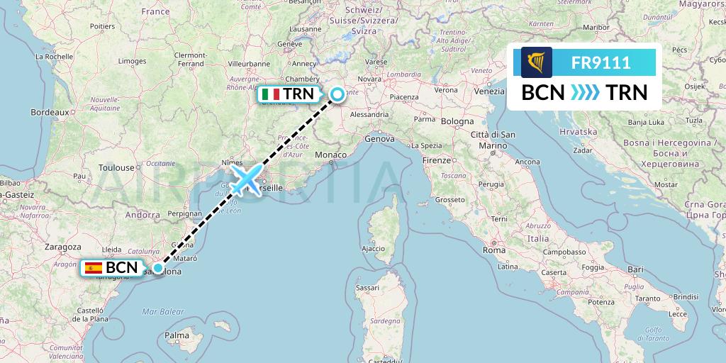 FR9111 Ryanair Flight Map: Barcelona to Turin