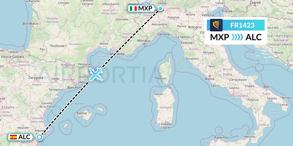 FR1423 Ryanair Flight Map: Milan to Alicante