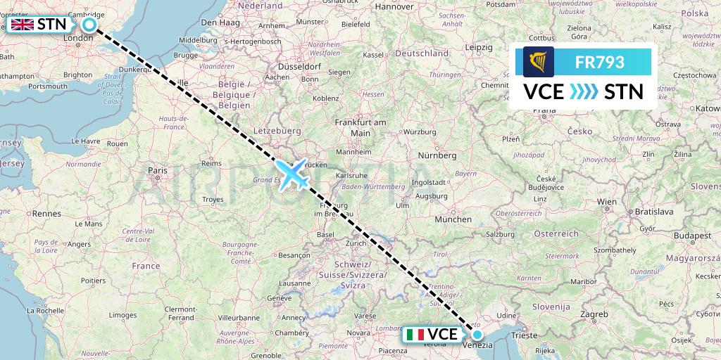 FR793 Ryanair Flight Map: Venice to London