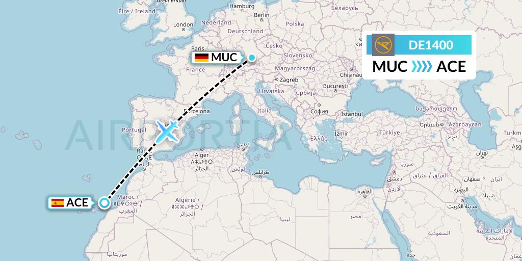 DE1400 Condor Flight Map: Munich to Lanzarote