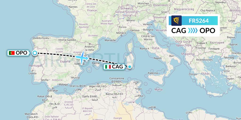 FR5264 Ryanair Flight Map: Cagliari to Porto