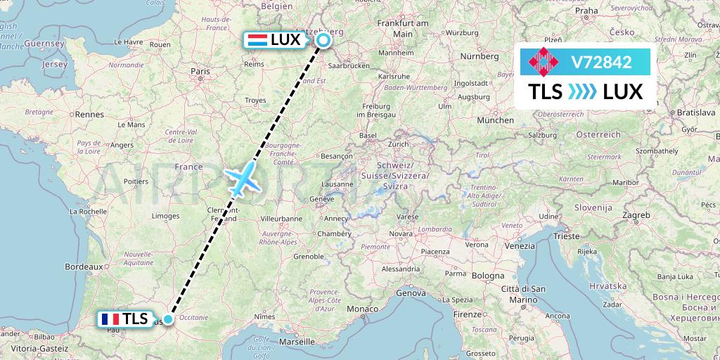 V72842 Volotea Flight Map: Toulouse to Luxembourg