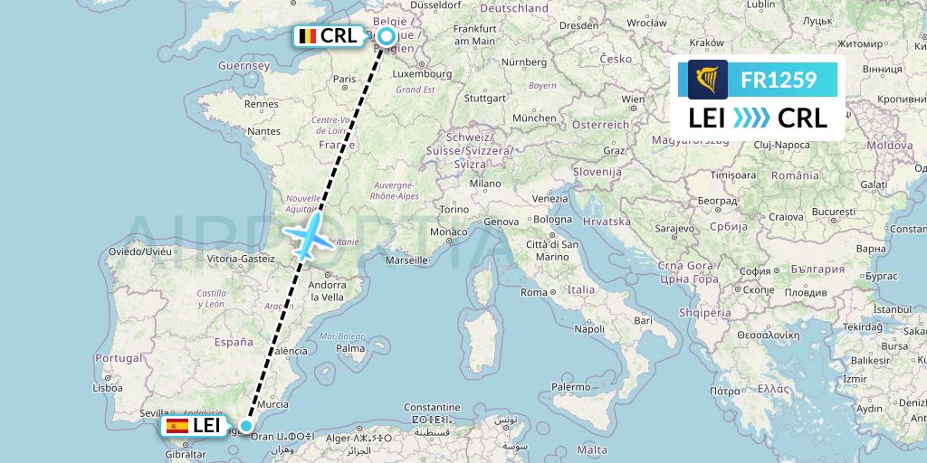 FR1259 Ryanair Flight Map: Almeria to Brussels
