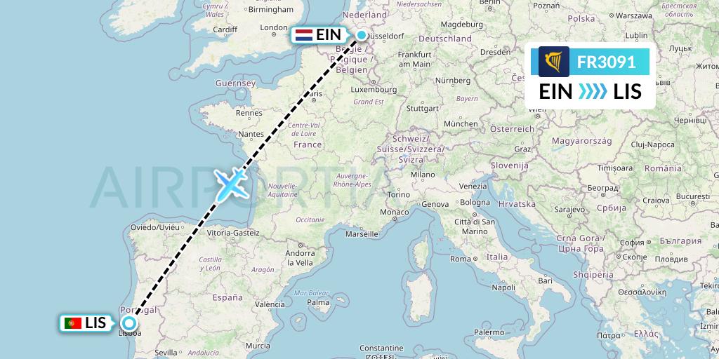 FR3091 Ryanair Flight Map: Eindhoven to Lisbon