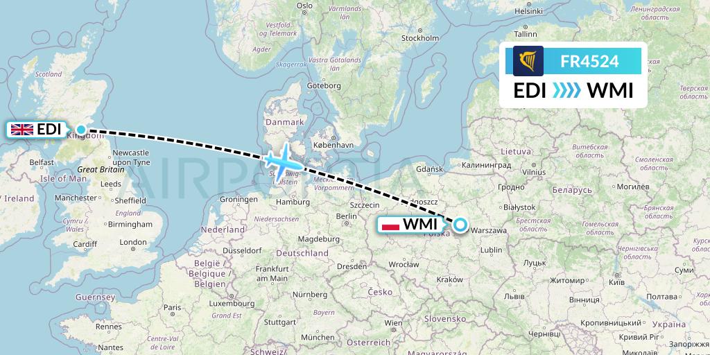 FR4524 Ryanair Flight Map: Edinburgh to Warsaw