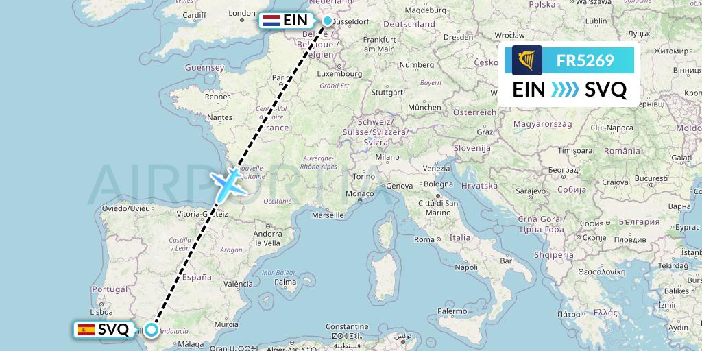 FR5269 Ryanair Flight Map: Eindhoven to Seville