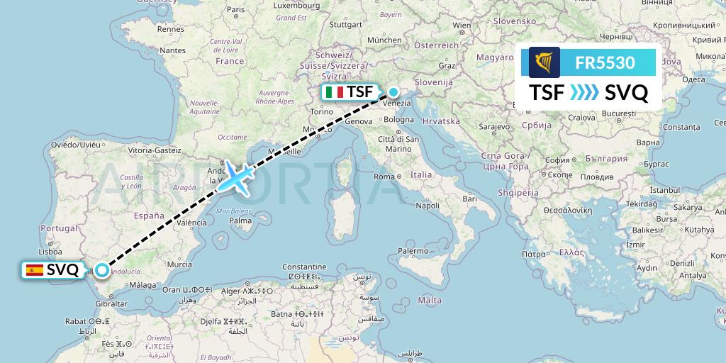 FR5530 Ryanair Flight Map: Treviso to Seville