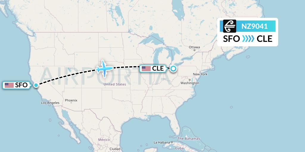 NZ9041 Air New Zealand Flight Map: San Francisco to Cleveland