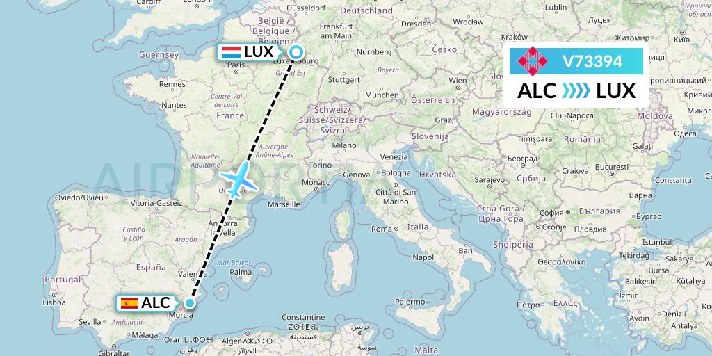 V73394 Volotea Flight Map: Alicante to Luxembourg