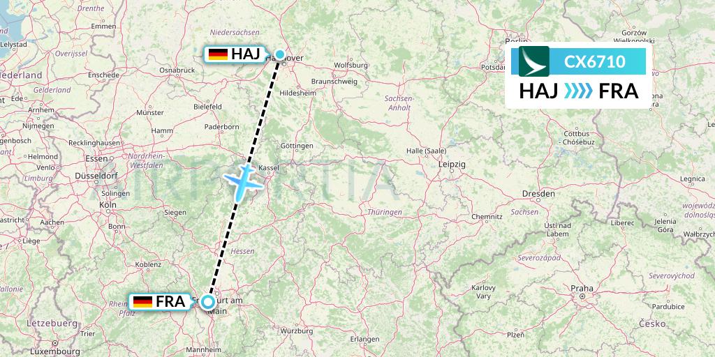 CX6710 Cathay Pacific Flight Map: Hannover to Frankfurt