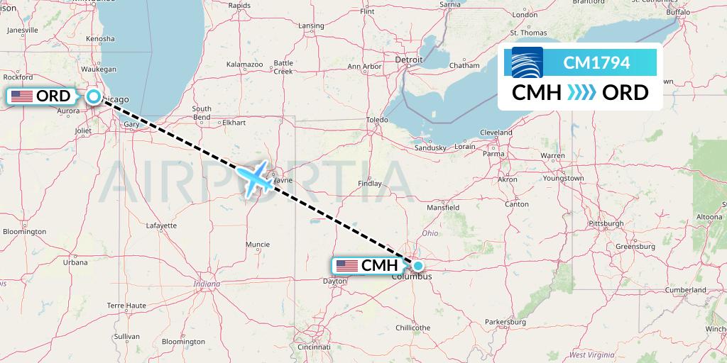 CM1794 Copa Airlines Flight Map: Columbus to Chicago