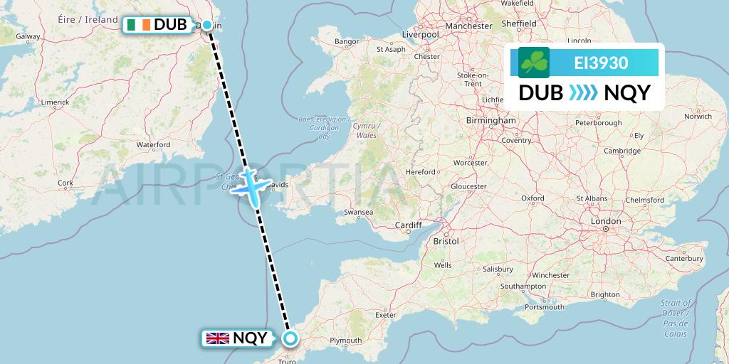 EI3930 Aer Lingus Flight Map: Dublin to Newquay