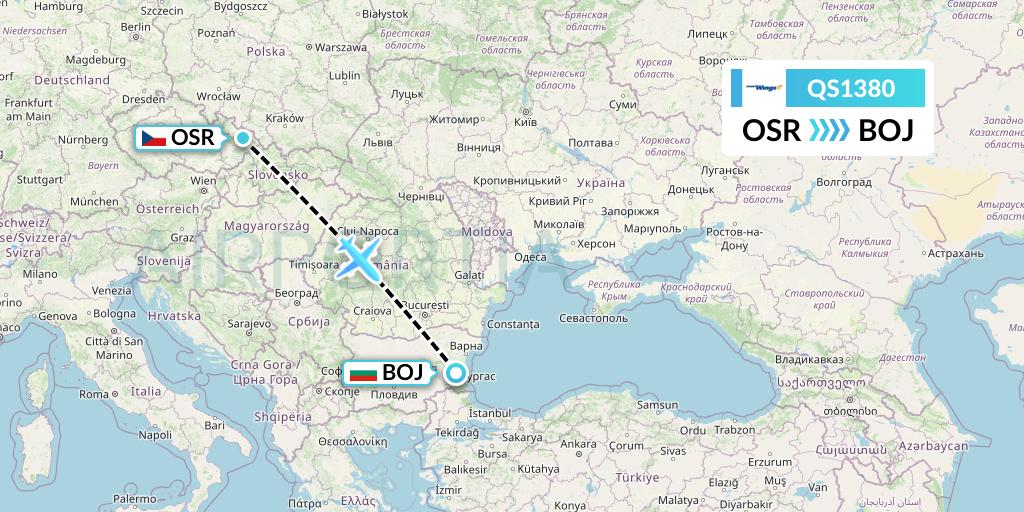 QS1380 Smartwings Flight Map: Ostrava to Burgas