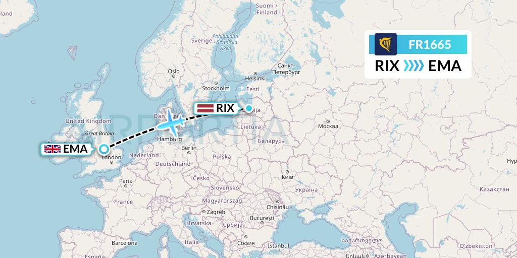 FR1665 Ryanair Flight Map: Riga to East Midlands