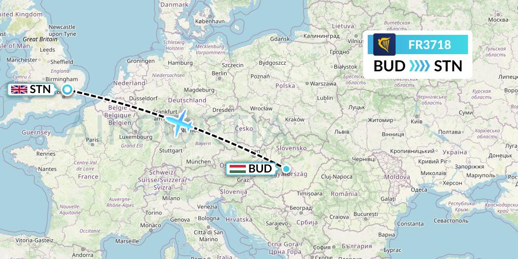 FR3718 Ryanair Flight Map: Budapest to London