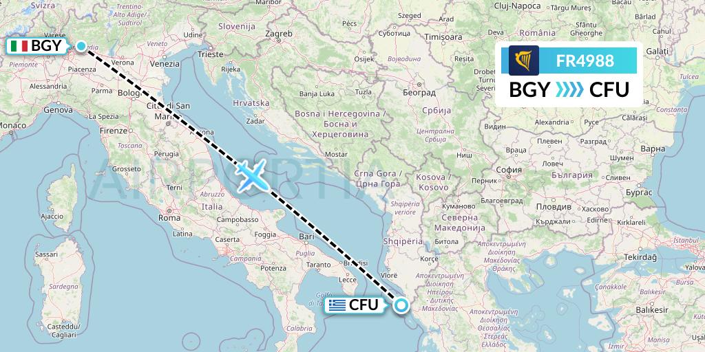FR4988 Ryanair Flight Map: Milan to Corfu