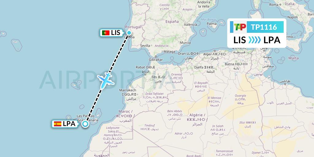 TP1116 TAP Portugal Flight Map: Lisbon to Las Palmas