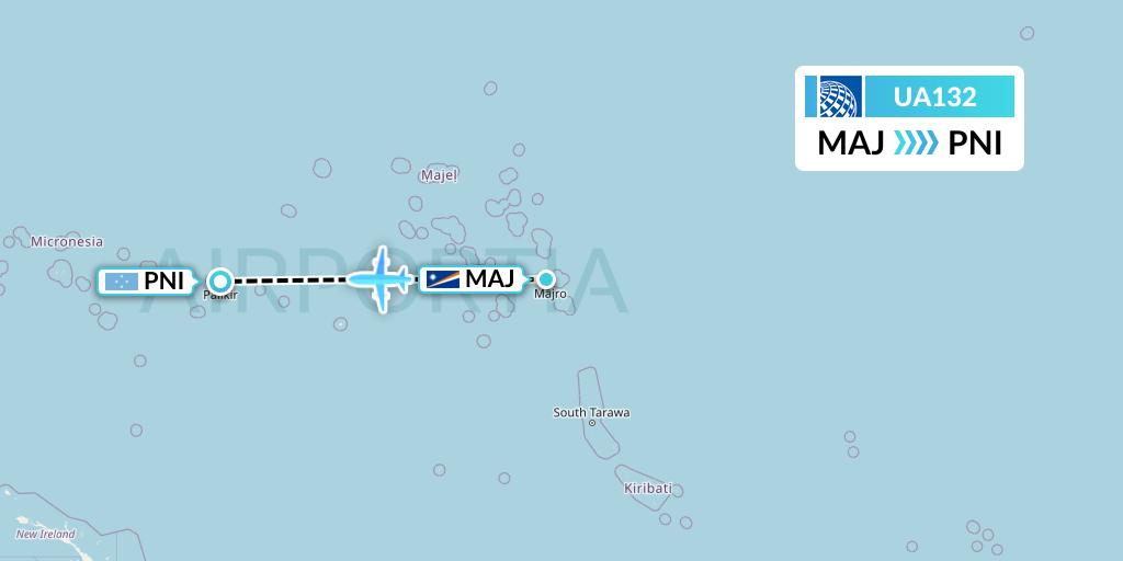 UA132 United Airlines Flight Map: Majuro to Pohnpei