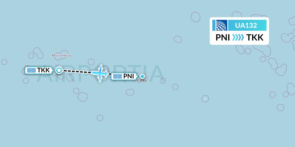 UA132 United Airlines Flight Map: Pohnpei to Chuuk