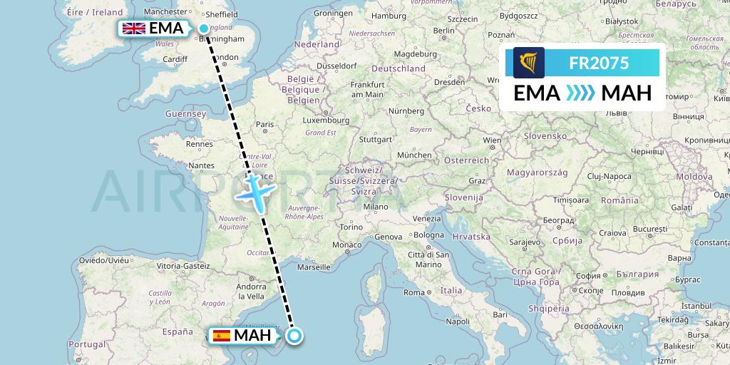 FR2075 Ryanair Flight Map: East Midlands to Mahon