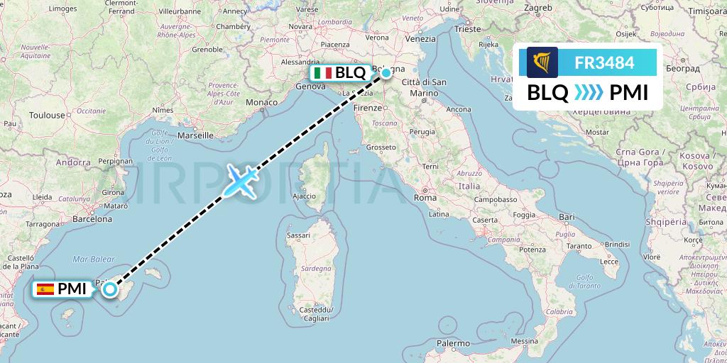 FR3484 Ryanair Flight Map: Bologna to Palma de Mallorca