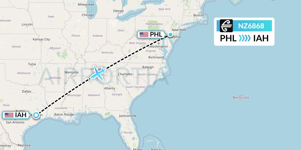 NZ6868 Air New Zealand Flight Map: Philadelphia to Houston