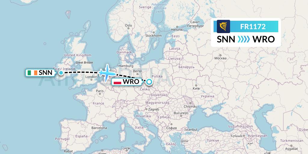 FR1172 Ryanair Flight Map: Shannon to Wroclaw