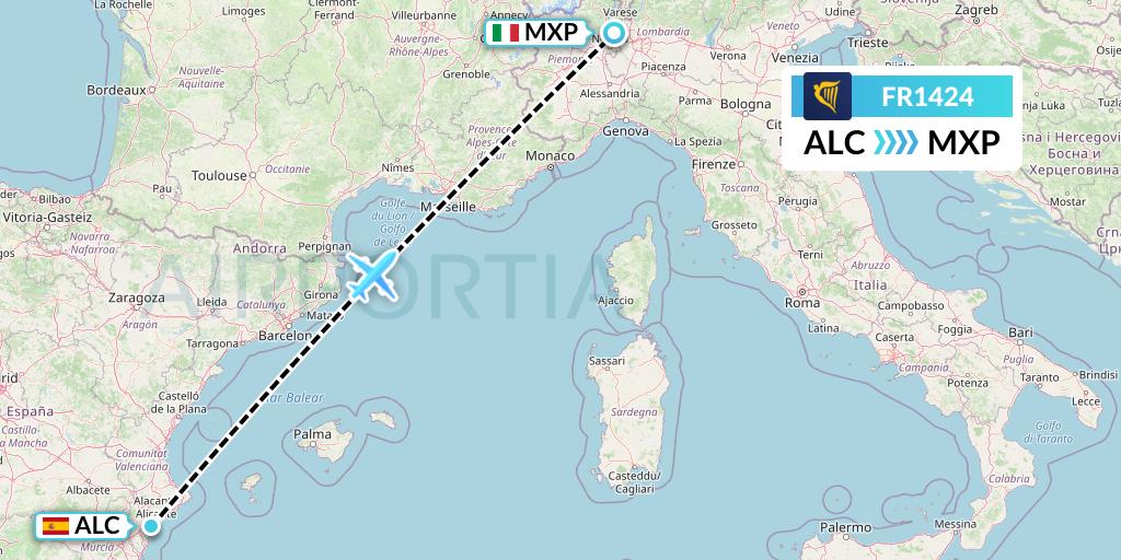 FR1424 Ryanair Flight Map: Alicante to Milan