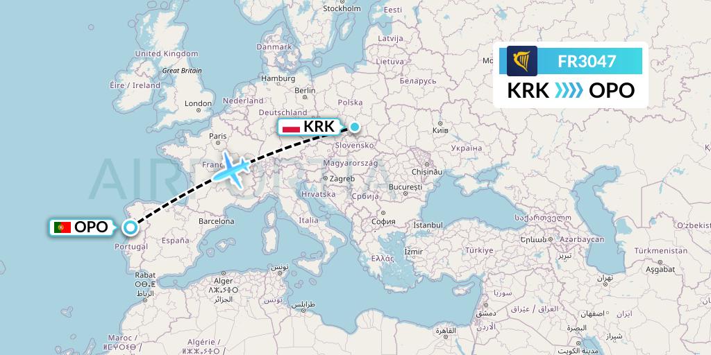 FR3047 Ryanair Flight Map: Krakow to Porto