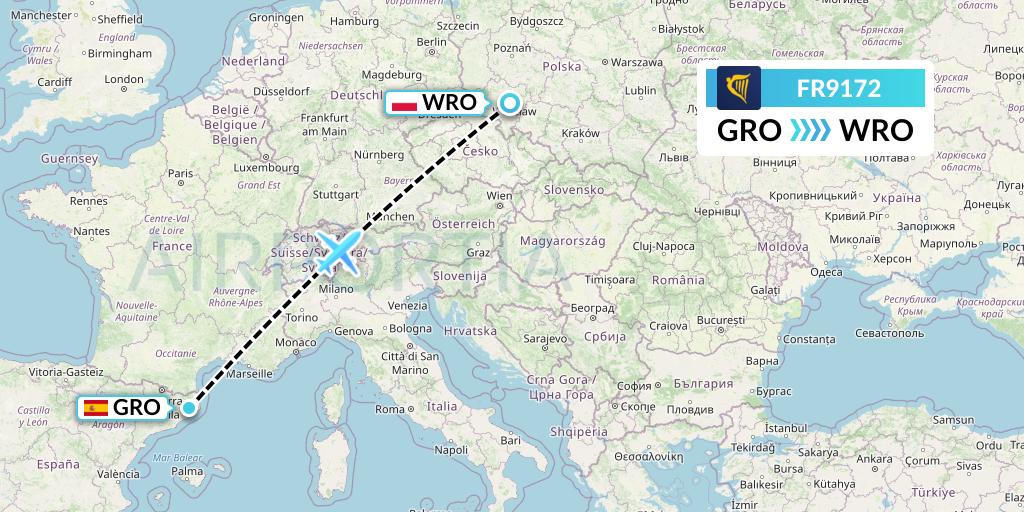 FR9172 Ryanair Flight Map: Girona to Wroclaw