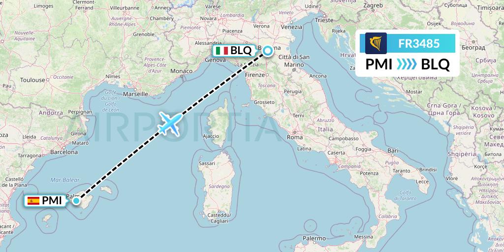 FR3485 Ryanair Flight Map: Palma de Mallorca to Bologna