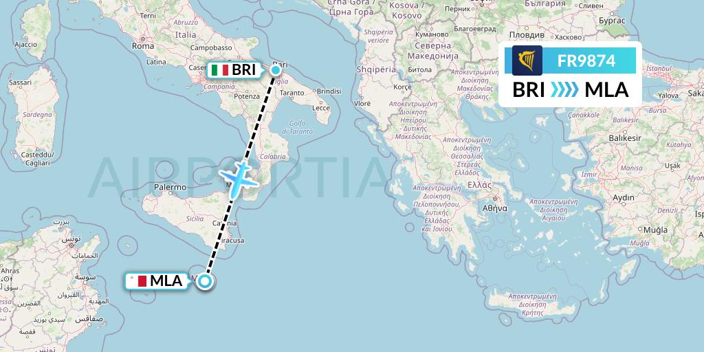 FR9874 Ryanair Flight Map: Bari to Malta