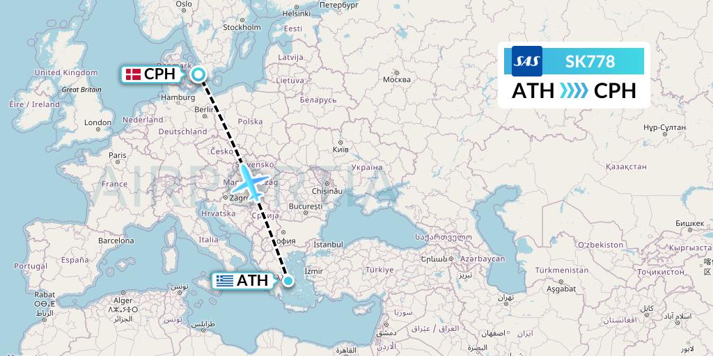 SK778 SAS Flight Map: Athens to Copenhagen