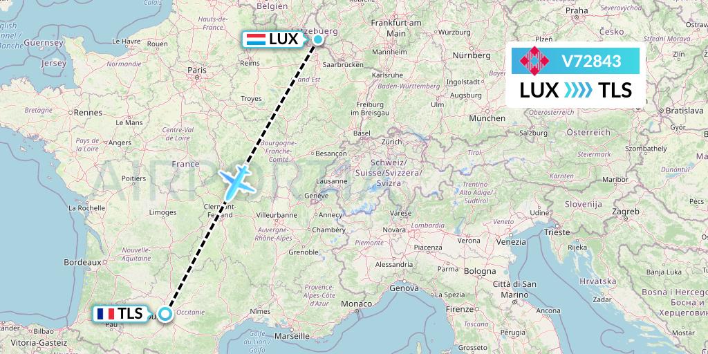 V72843 Volotea Flight Map: Luxembourg to Toulouse