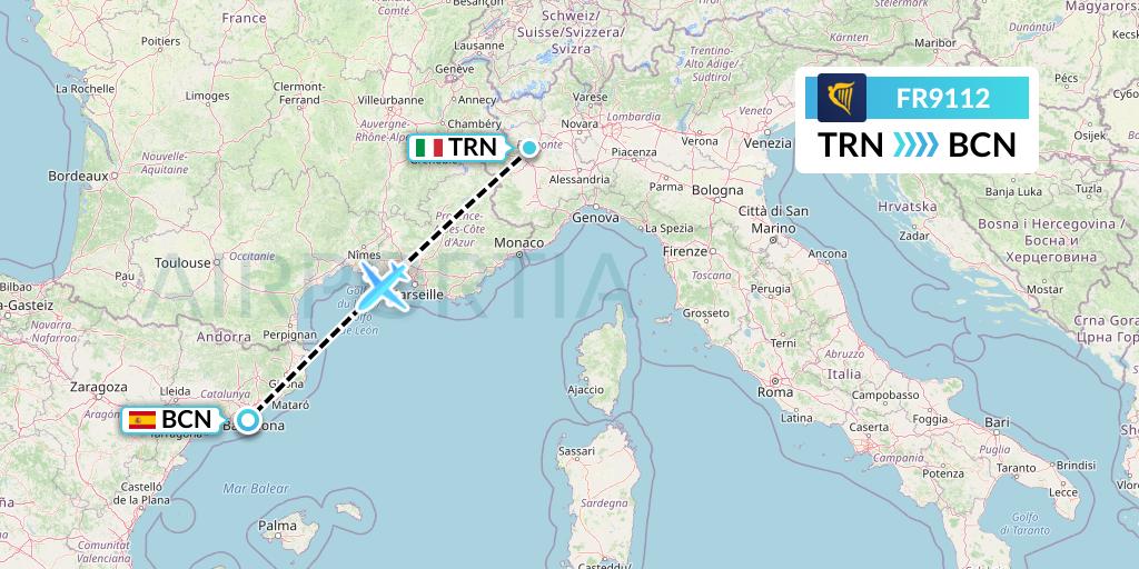 FR9112 Ryanair Flight Map: Turin to Barcelona