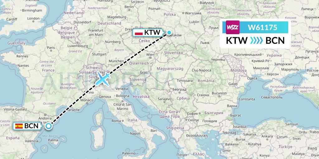 W61175 Wizz Air Flight Map: Katowice to Barcelona