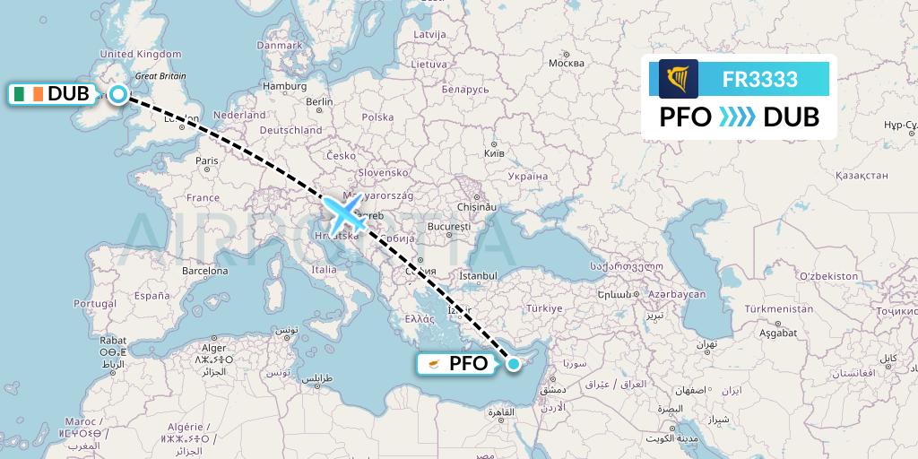 FR3333 Ryanair Flight Map: Pafos to Dublin