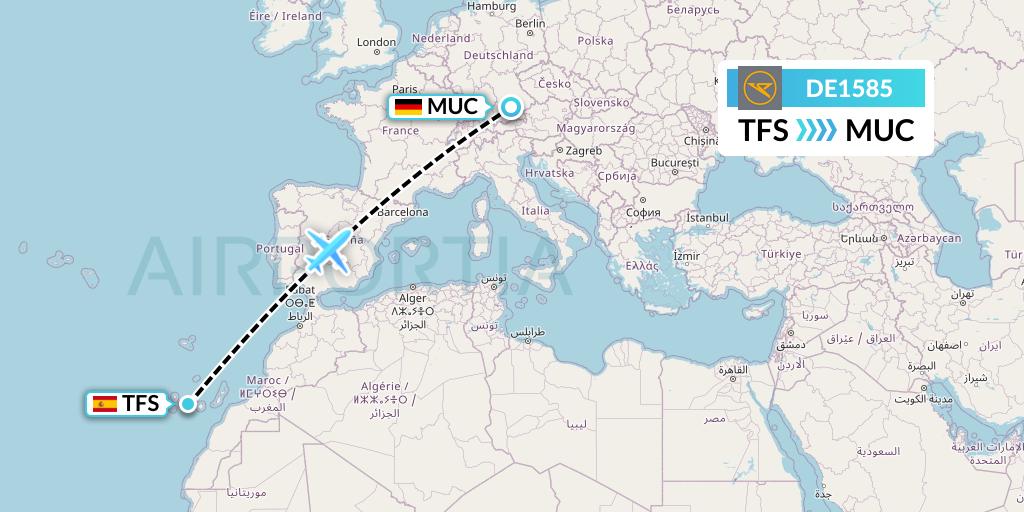 DE1585 Condor Flight Map: Tenerife to Munich