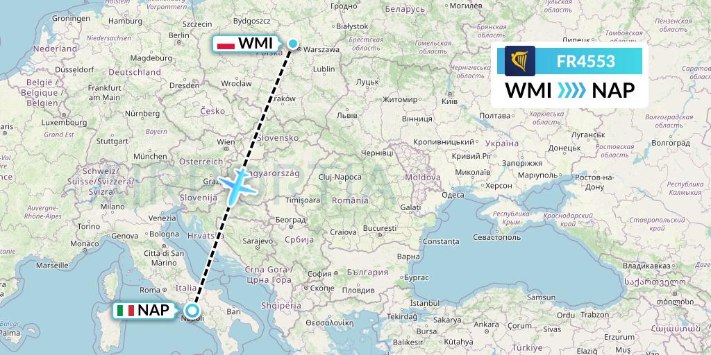 FR4553 Ryanair Flight Map: Warsaw to Naples
