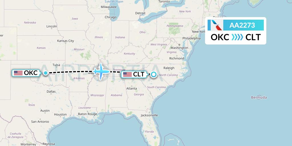 AA2273 American Airlines Flight Map: Oklahoma City to Charlotte
