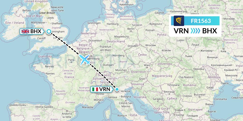 FR1563 Ryanair Flight Map: Verona to Birmingham