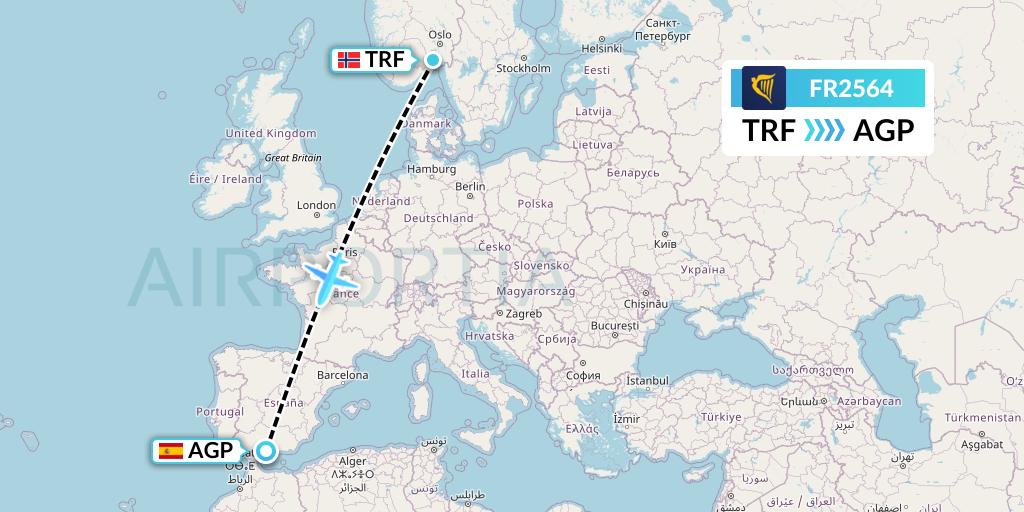 FR2564 Ryanair Flight Map: Oslo to Malaga