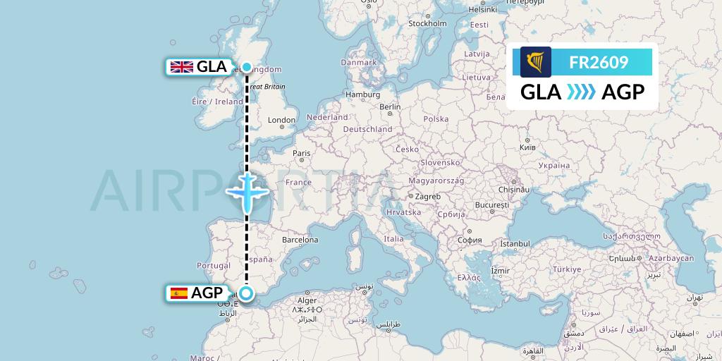 FR2609 Ryanair Flight Map: Glasgow to Malaga