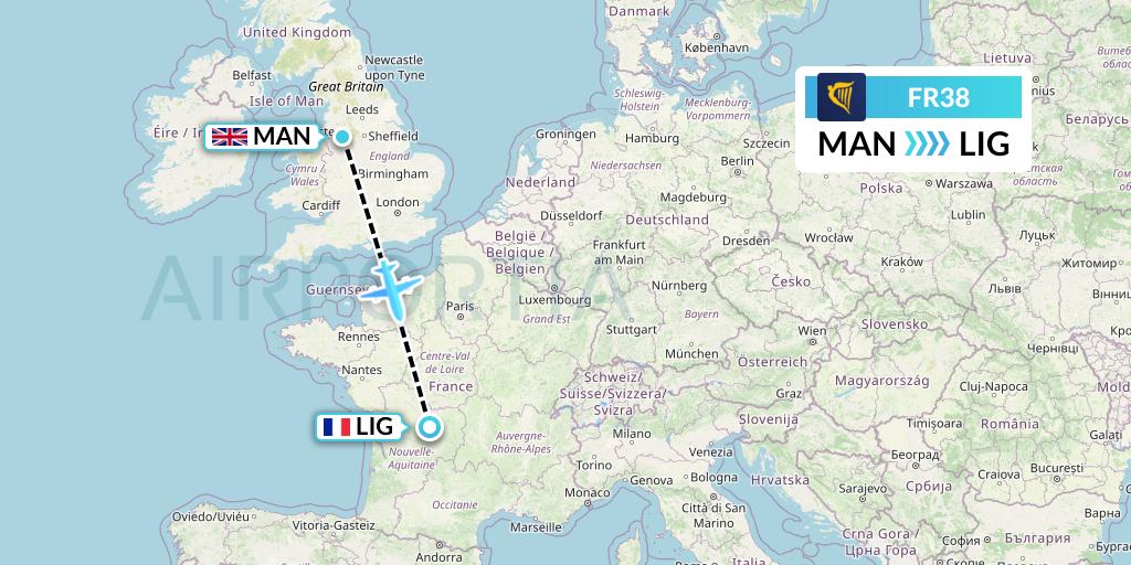 FR38 Ryanair Flight Map: Manchester to Limoges