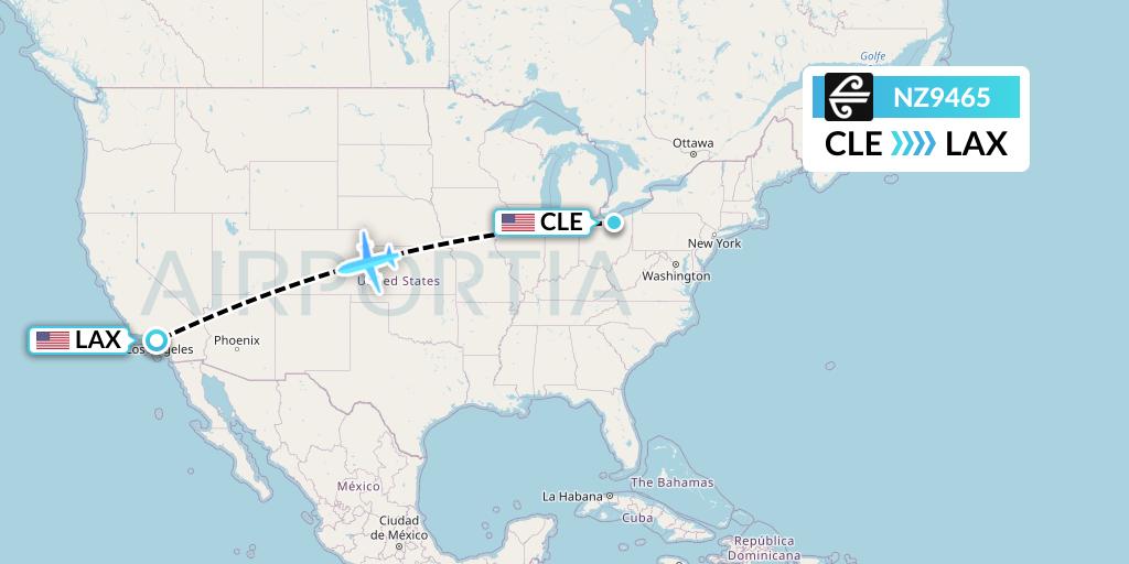 NZ9465 Air New Zealand Flight Map: Cleveland to Los Angeles