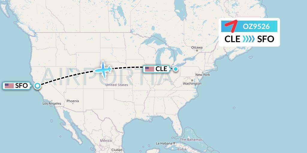 OZ9526 Asiana Airlines Flight Map: Cleveland to San Francisco