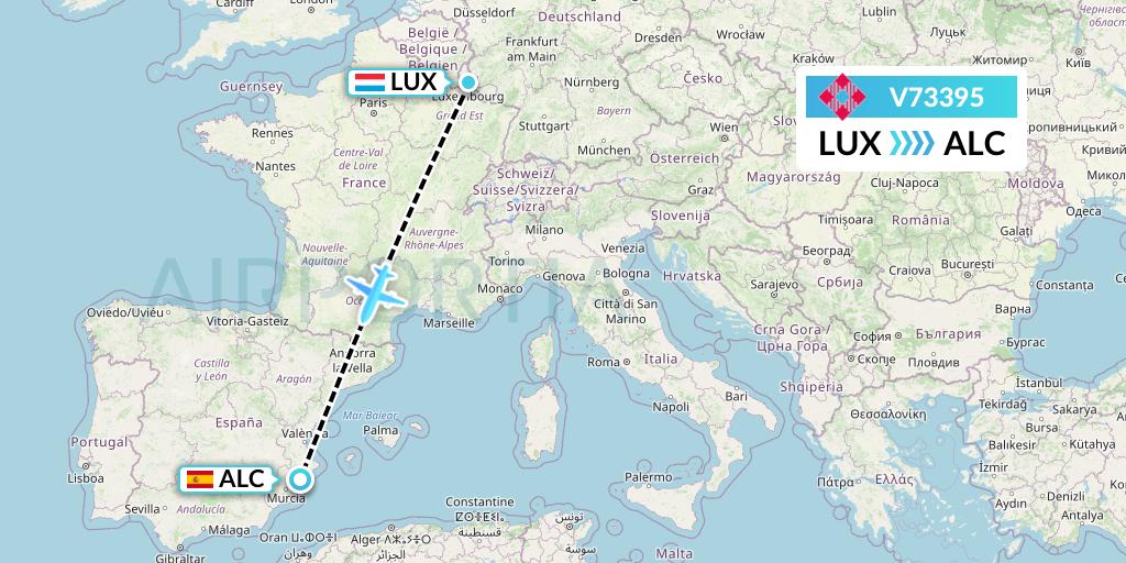 V73395 Volotea Flight Map: Luxembourg to Alicante