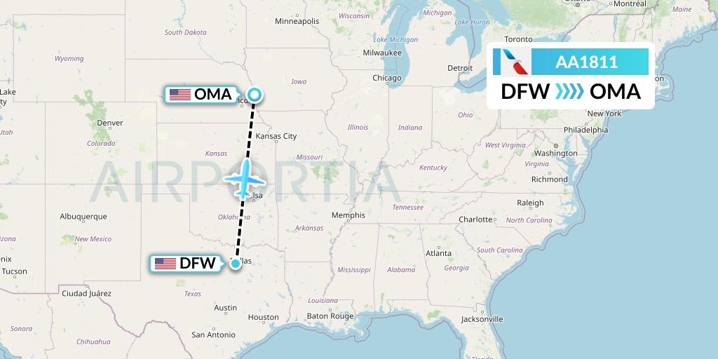AA1811 American Airlines Flight Map: Dallas to Omaha