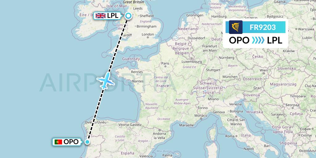 FR9203 Ryanair Flight Map: Porto to Liverpool